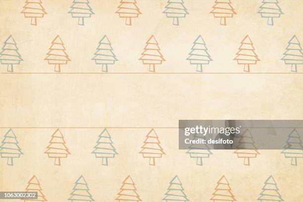 leichte braune grunge weihnachten vektor hintergrund in erdigen ton mit einem kreativen weihnachtsbäume überall in pastelltönen blau und rotbraun. ein leeres band in der mitte horizontal im rahmen. - brown paper stock-grafiken, -clipart, -cartoons und -symbole