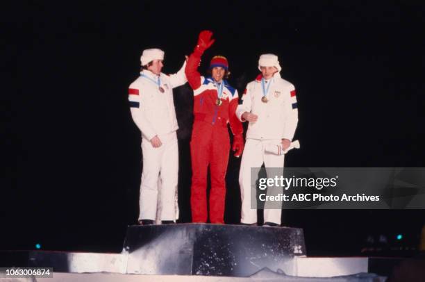 Lake Placid, NY Kai Arne Stenshjemmet, Eric Heiden, Terje Andersen in medal ceremony for the Men's 5,000 metres speed skating event at the 1980...