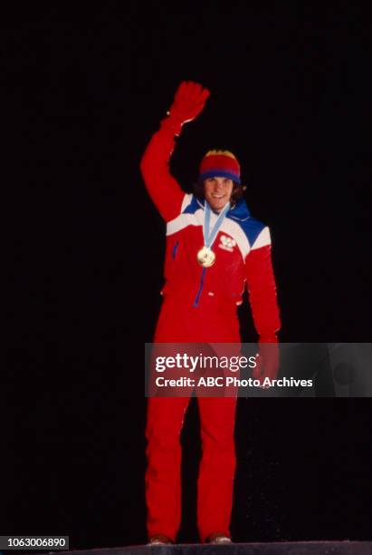 Lake Placid, NY Eric Heiden in medal ceremony for the Men's 5,000 metres speed skating event at the 1980 Winter Olympics / XIII Olympic Winter Games,...