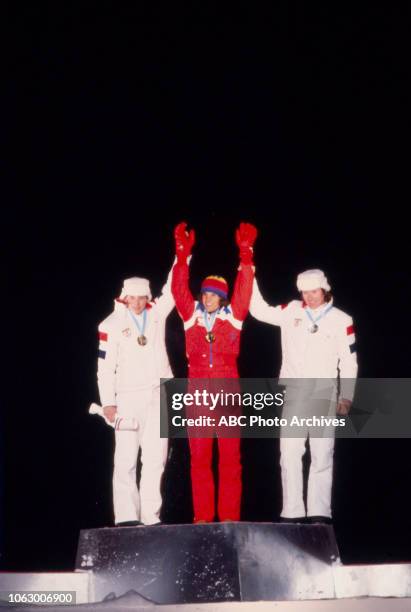 Lake Placid, NY Kai Arne Stenshjemmet, Eric Heiden, Terje Andersen in medal ceremony for the Men's 5,000 metres speed skating event at the 1980...