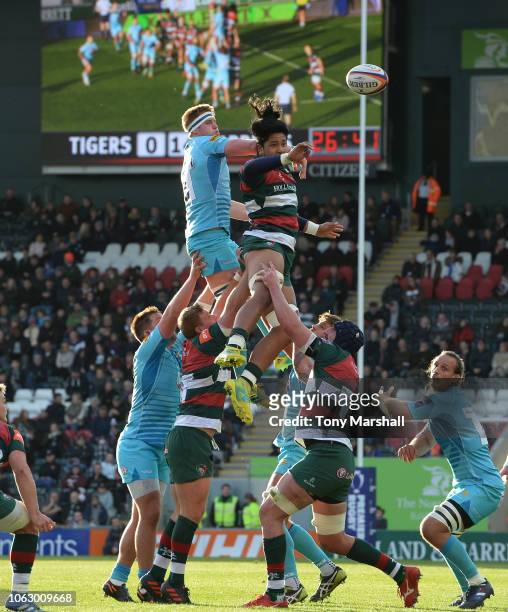 Fred Tuilagi of Leicester Tigers and GJ van Velze of Worcester Warriors in the line out during the Premiership Rugby Cup match between Leicester...