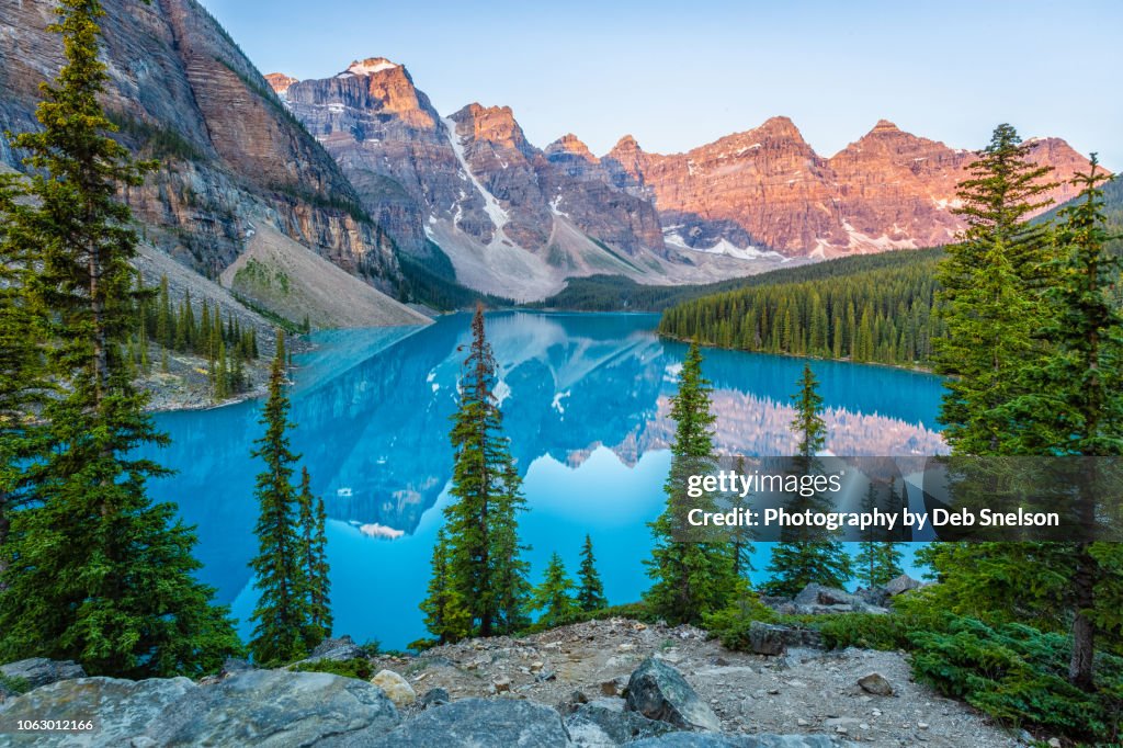 Moraine Lake with Alpen Glow on Ten Peaks Banff National Park Canada