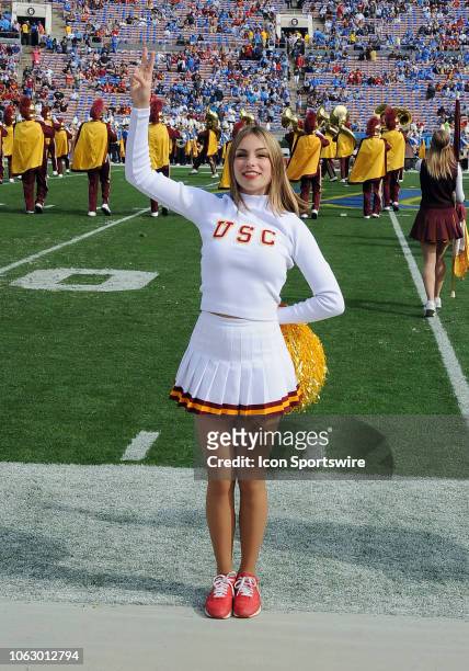 Trojans cheerleader on the field before a game against the UCLA Bruins played on November 17, 2018 at the Rose Bowl in Pasadena, CA.