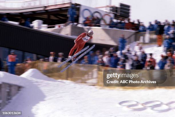 Lake Placid, NY Jim Denney competing in the Men's individual ski jumping event at the 1980 Winter Olympics / XIII Olympic Winter Games, Lake Placid...