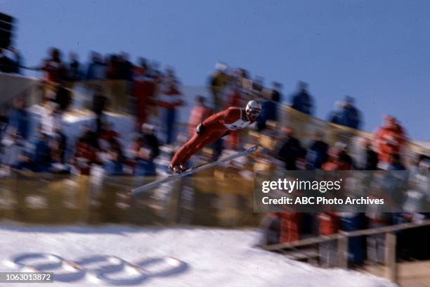 Lake Placid, NY Toni Innauer competing in the Men's normal hill individual ski jumping event at the 1980 Winter Olympics / XIII Olympic Winter Games,...