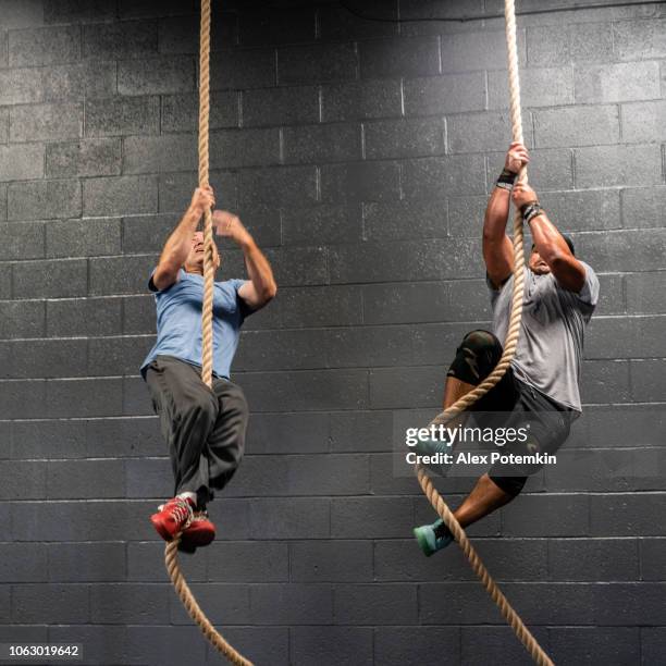 zwei latino-athleten, der senior, 55 jahre alt, trainer, und der junge mann während des trainings durch ein seil klettern - 55 59 years stock-fotos und bilder