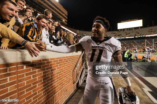 Kendall Blanton of the Missouri Tigers celebrates with fans after the game between the Missouri Tigers and the Tennessee Volunteers at Neyland...