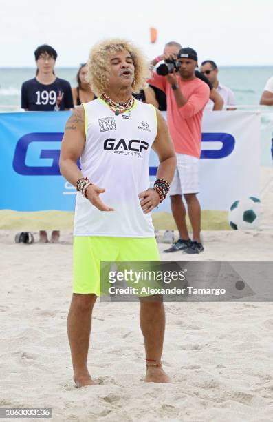 Carlos Valderrama plays in the 1st Annual Celebrity Beach Soccer Presented By GACP Sports & Sports Illustrated at W South Beach on November 17, 2018...