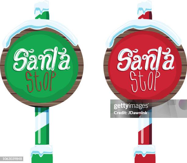 ilustraciones, imágenes clip art, dibujos animados e iconos de stock de letras de madera invierno navidad santa parada muestra con escritura a mano o mano texto - stop sign pole