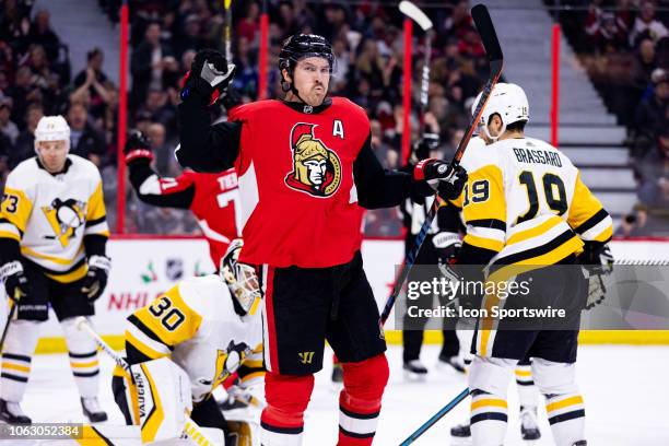 Ottawa Senators Right Wing Mark Stone celebrates his goal during first period National Hockey League action between the Pittsburgh Penguins and...