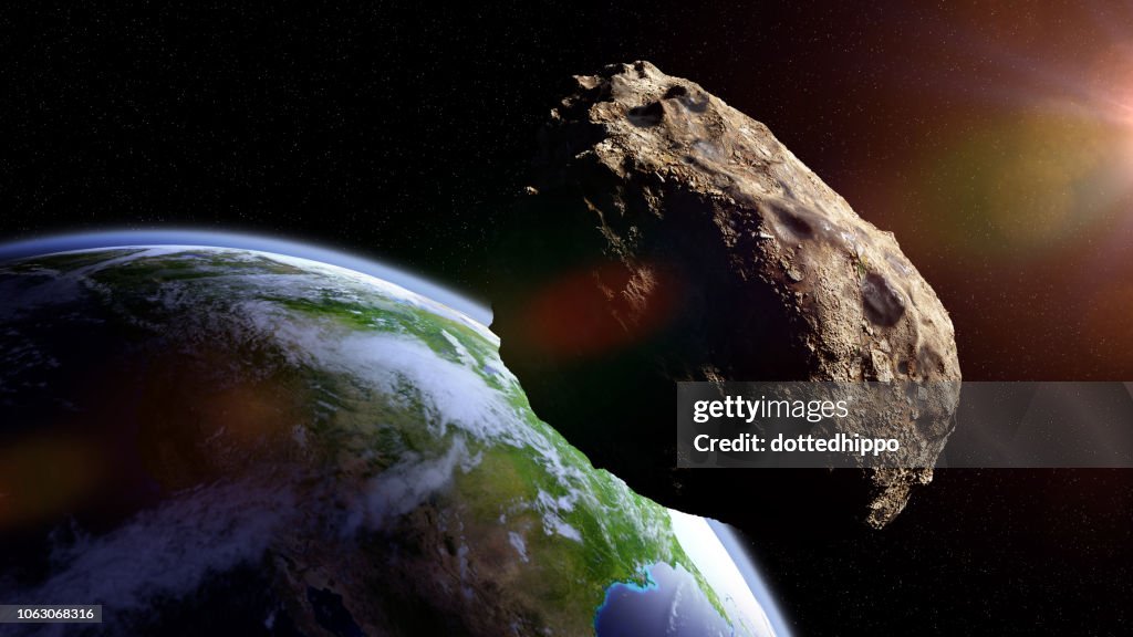 Asteroid approaching planet Earth, meteorite in orbit before impact