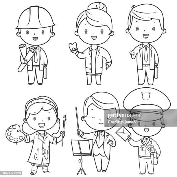 coloring book, professions kids set - kid conductor stock illustrations