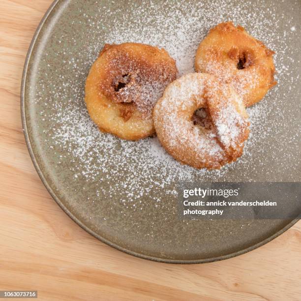 apple beignets with icing sugar - beignets bildbanksfoton och bilder