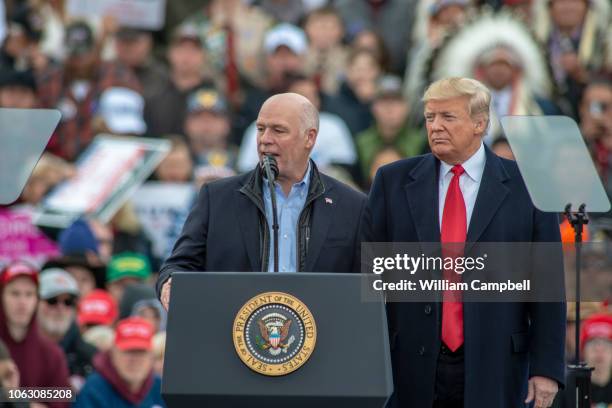 Rep. Greg Gianforte joins President Donald Trump at a "Make America Great Again" rally at the Bozeman Yellowstone International Airport on November...