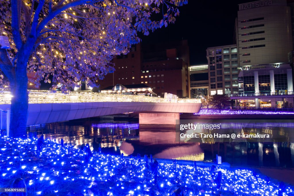 Illuminated riverside in Kokura area of Kitakyushu city in Fukuoka prefecture in Japan