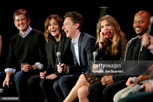 Bill Lawrence, Christa Miller, Zach Braff, Sarah Chalke and Donald Faison speak onstage during the 'Scrubs Reunion' during Vulture Festival presented...