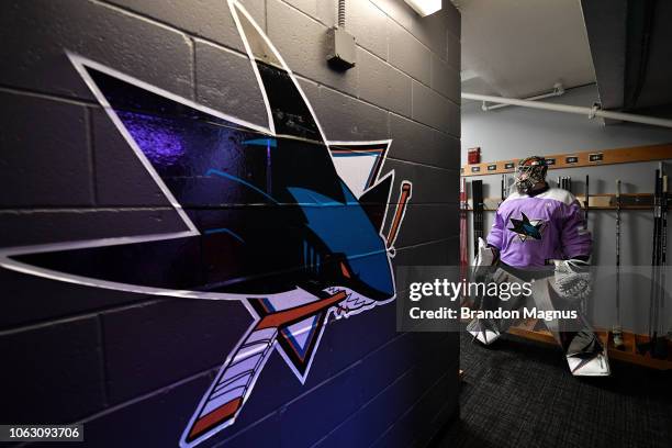 Aaron Dell of the San Jose Sharks prepares to take the ice for warmups before the game against the St Louis Blues at SAP Center on November 17, 2018...