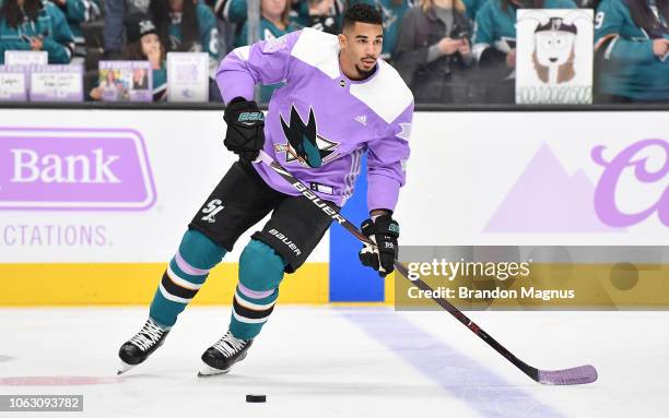 Evander Kane of the San Jose Sharks skates during warmups against the St Louis Blues at SAP Center on November 17, 2018 in San Jose, California