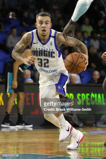 Gabe York of the Lakeland Magic handles the ball against the Greensboro Swarm during the NBA G-League on November 17, 2018 at the Greensboro Coliseum...