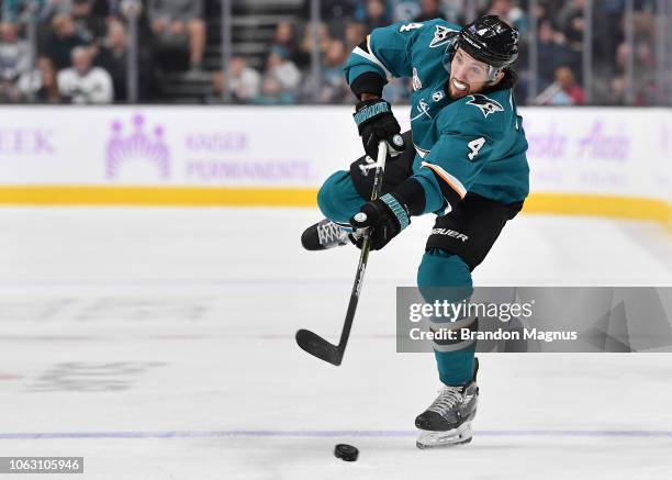 Brenden Dillon of the San Jose Sharks takes a shot on goal against the St Louis Blues at SAP Center on November 17, 2018 in San Jose, California