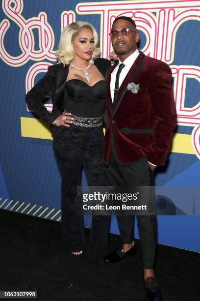 Faith Evans and her husband Stevie J attend the 2018 Soul Train Awards, presented by BET, at the Orleans Arena on November 17, 2018 in Las Vegas,...