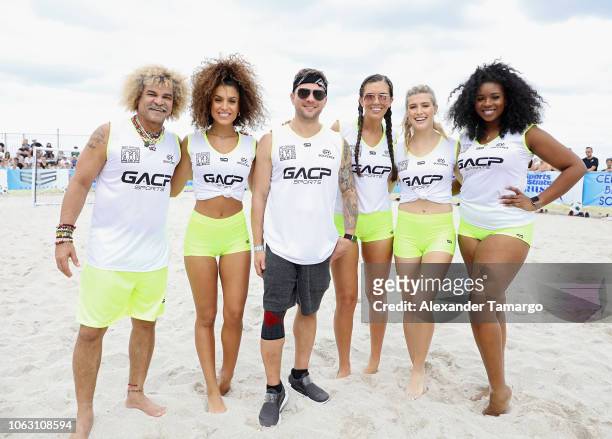 Carlos Valderrama, Jessica Aidi, Ryan Phillippe, Genie Bouchard and Jazzmine Carthon attend the 1st Annual Celebrity Beach Soccer Presented By GACP...
