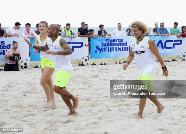 Genie Bouchard, Gabriel Gubela and Carlos Valderrama plays in the 1st Annual Celebrity Beach Soccer Presented By GACP Sports & Sports Illustrated at...
