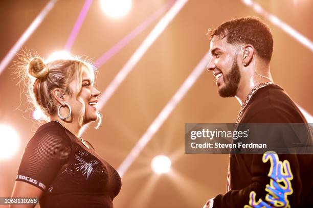 Karol G and Anuel AA perform live on stage during their concert at United Palace Theater on November 17, 2018 in New York City.