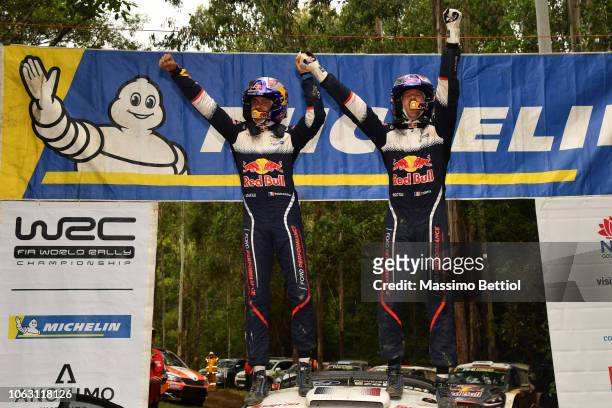 Sebastien Ogier of France and Julien Ingrassia of France celebrate their sixth World Rally Title during Day Three of the WRC Australia on November...