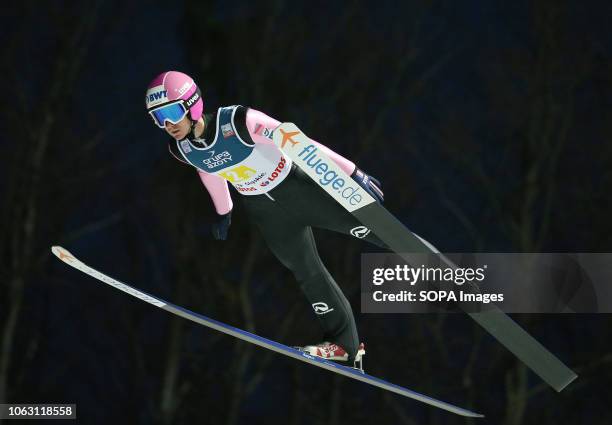 Lukas Hlava seen in action during the team competition of the FIS Ski Jumping World Cup in Wisla.