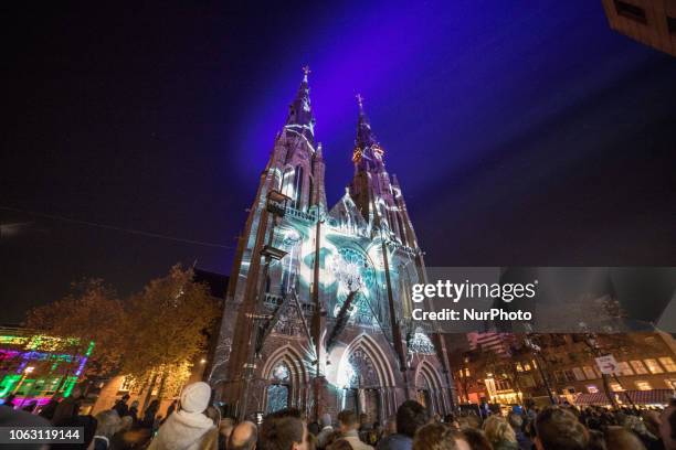 Saint Catherine's Church at the 13th Light Festival GLOW in Eindhoven, Netherlands. GLOW takes place from 10 to 17 November 2018. Light art projects...