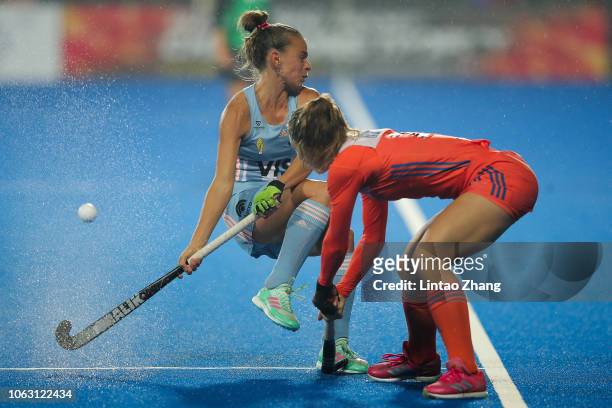Victoria Sauze of Argentina battles for the ball with Laura Nunnink of Netherlands during the FIH Champions Trophy match between Netherlands and...