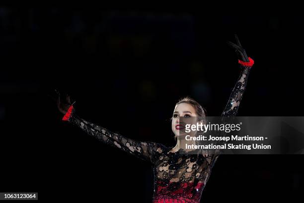 Alina Zagitova of Russia poses in the Ladies medal ceremony during day 3 of the ISU Grand Prix of Figure Skating, Rostelecom Cup 2018 at Arena...