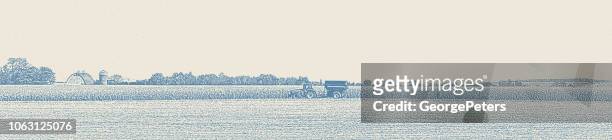 minnesota autumn landscape with tractor harvesting crops - crop stock illustrations