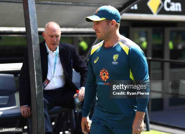 Aaron Finch of Australia speaks to Australian Selector Greg Chappell during game one of the Gillette One Day International series between Australia...