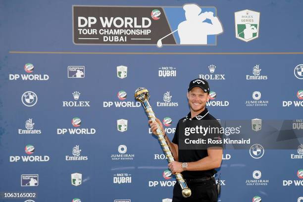 Danny Willett of England poses with the DP World Tour trophy following victory in the final round of the DP World Tour Championship at Jumeirah Golf...