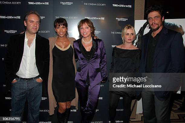 Producer Sam Mendes, actress Halle Berry, Director Susanne Bier, actress Alison Lohman actor and Benicio Del Toro arrive to the Cinema Society's...
