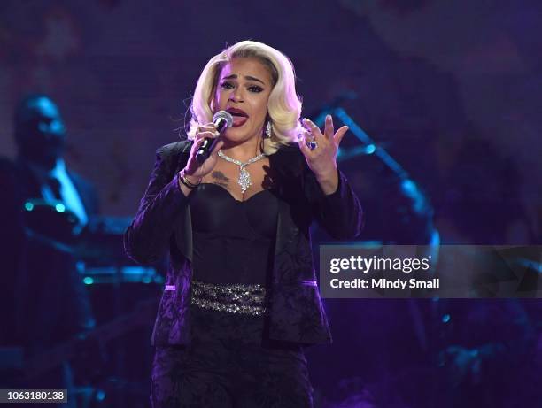 Faith Evans performs onstage during the 2018 Soul Train Awards at the Orleans Arena on November 17, 2018 in Las Vegas, Nevada.