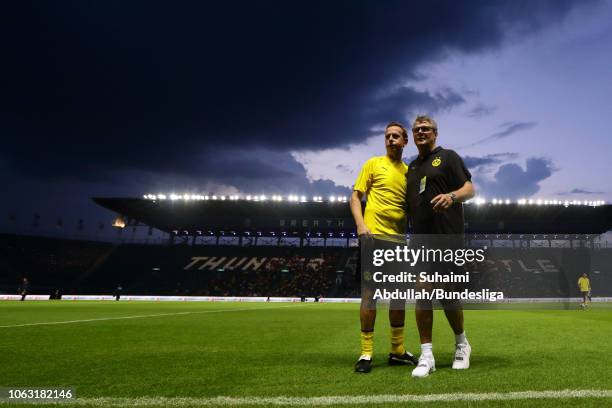 Borussia Dortmund legend Jorg Heinrich and Norbert Dickel at warm up before during the Return of the Legends match between Borussia Dortmund and...