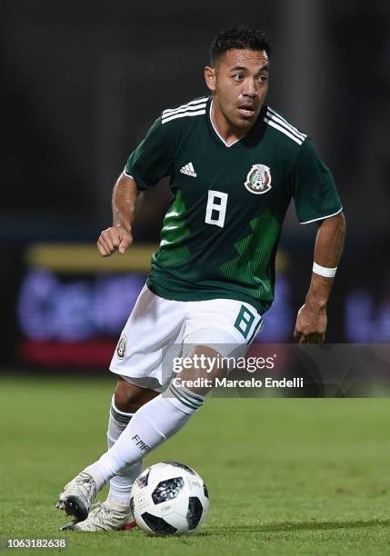 Marco Fabian of Mexico drives the ball during a friendly match between Argentina and Mexico at Mario Kempes Stadium on November 16, 2018 in Cordoba,...