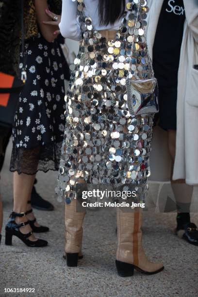 Paco Rabanne sequin outfit details during Paris Fashion Week Spring/Summer 2019 on September 27, 2018 in Paris, France.
