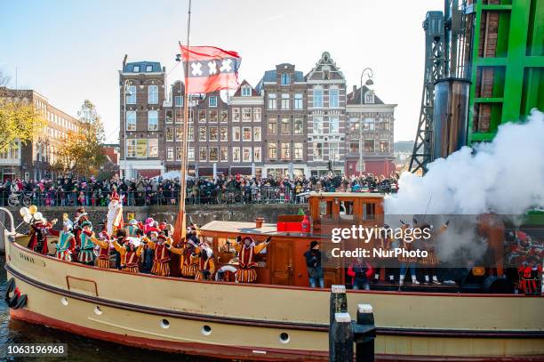 St. Nicholas arriving on his boat on November 18th, 2018 in Amsterdam, Netherlands. With more than a kilometre of floats and boats, Amsterdam hosts...