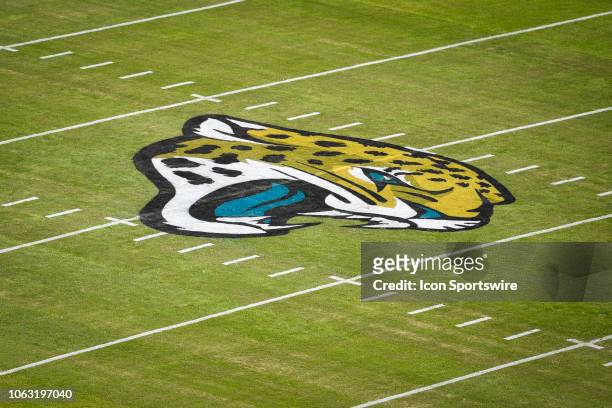 General view of the Jaguars' logo prior to the first half of an NFL game between the Pittsburgh Steelers and the Jacksonville Jaguars on November 18...