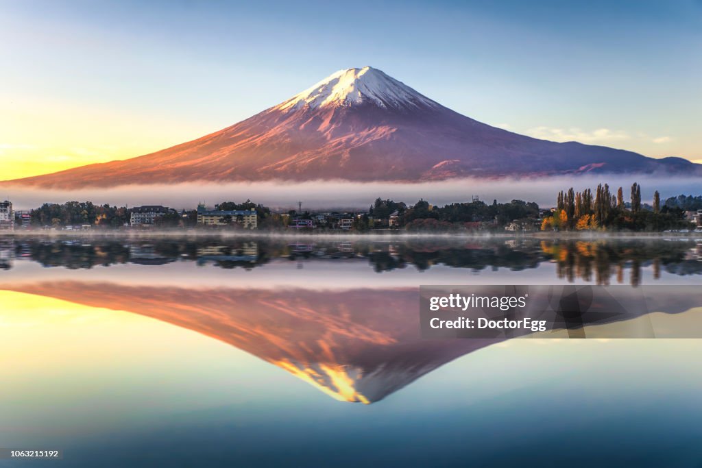 Fuji Mountain Reflection with Morning Mist in Autumn, Kawaguchiko Lake, Japan