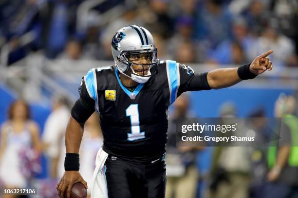 Carolina Panthers quarterback Cam Newton celebrates his touchdown pass against the Detroit Lions during the first quarter at Ford Field on November...