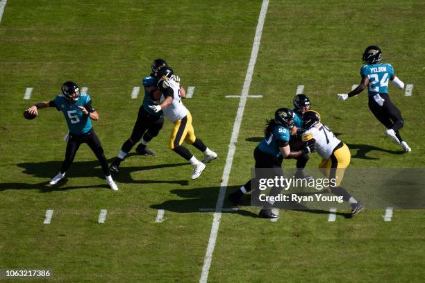 Blake Bortles of the Jacksonville Jaguars drops back to pass during the first half against the Pittsburgh Steelers at TIAA Bank Field on November 18,...