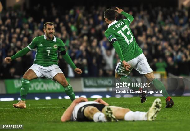 Belfast , United Kingdom - 18 November 2018; Corry Evans of Northern Ireland celebrates after scoring his side's first goal during the UEFA Nations...