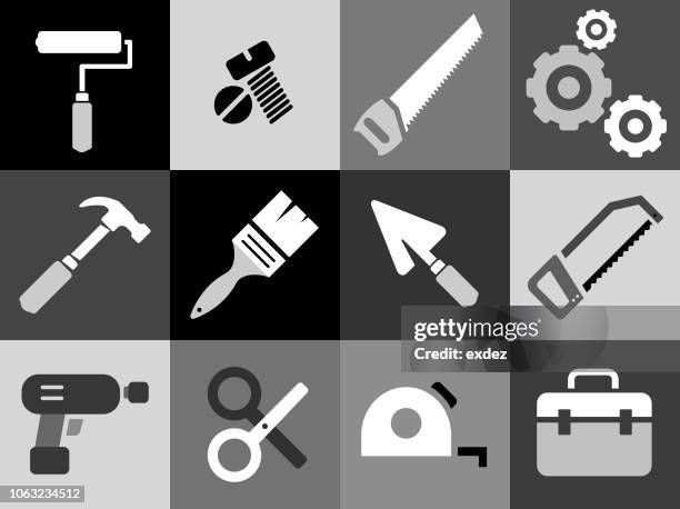 construction tools icon set - hammer and chisel stock illustrations