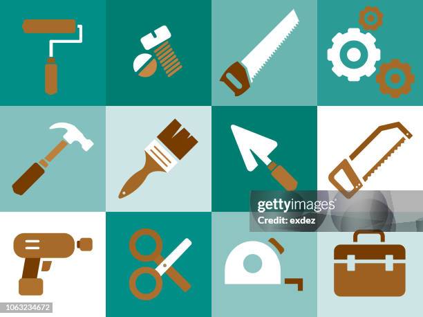 construction tools icon set - hammer and chisel stock illustrations
