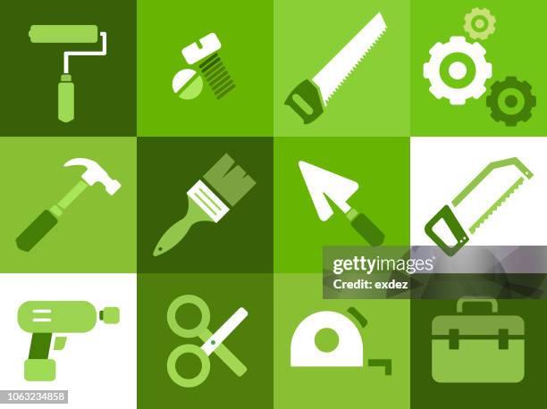construction tools icon set - hammer and chisel stock illustrations